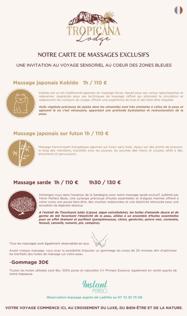 Carte massages zones bleues Tropicana Lodge Instant perso